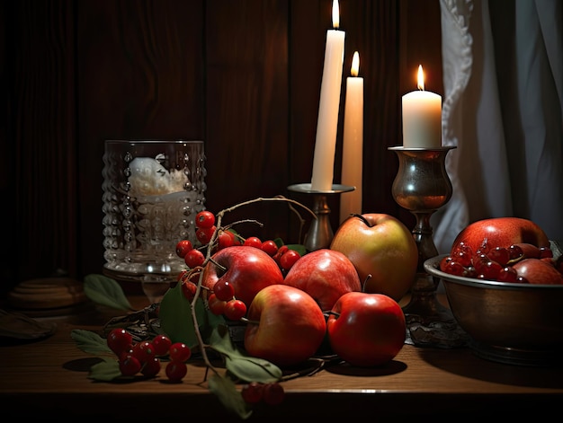 una mesa con manzanas, velas, velas y una vela.