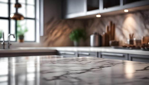 Mesa de mármol blanco borrosa fondo de cocina moderna Ai Generado