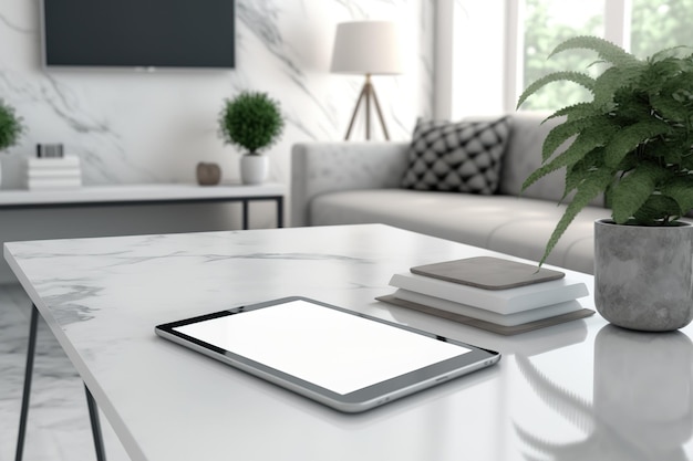 Mesa de mármol blanco con decoraciones simuladas de una pantalla de tableta blanca en blanco para una presentación de producto y una sala de estar blanca minimalista borrosa se ve en el fondo