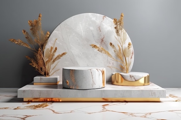 Mesa de mármol blanco con detalles dorados para diseño de interiores IA generativa