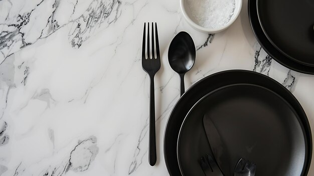 Foto mesa de mármol blanco y negro con platos negros y vajilla la imagen es simple y elegante y sería perfecta para un blog de comida o estilo de vida