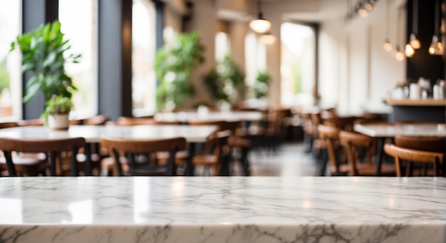 mesa de mármol blanco vacía con fondo borroso de una cafetería con espacio de copia