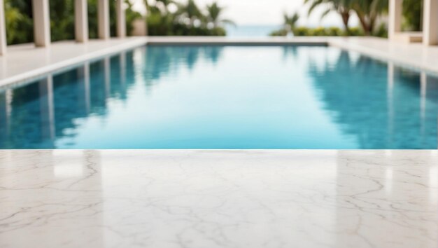 Foto mesa de mármol blanco vacía con fondo de fondo borroso de la piscina con espacio de copia