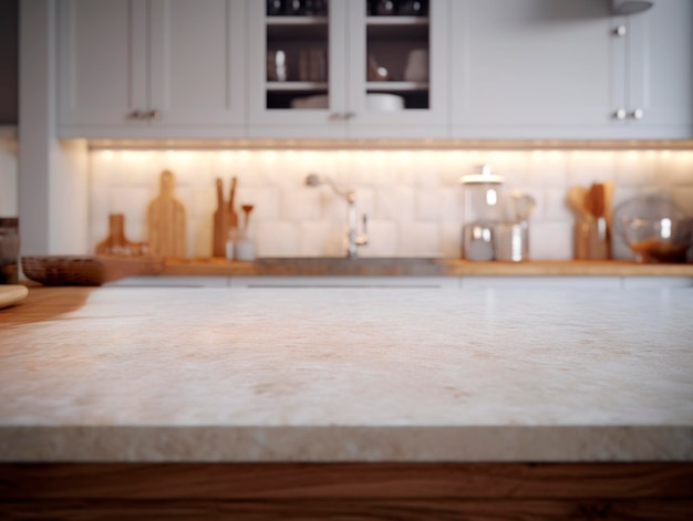 Mesa de mármol blanco vacía en el interior de una cocina moderna para exhibición de productos IA generativa