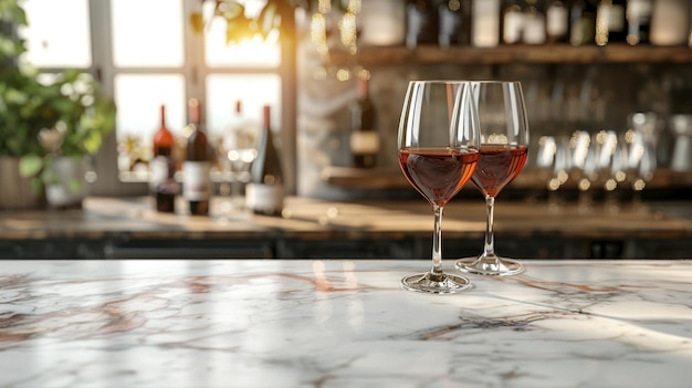 Una mesa de mármol en blanco con vasos y botellas de vino borrosos en el fondo adecuados para mostrar productos de vino o bebidas