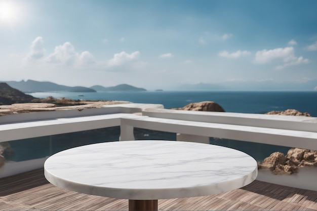 Mesa de mármol blanco con vista al mar