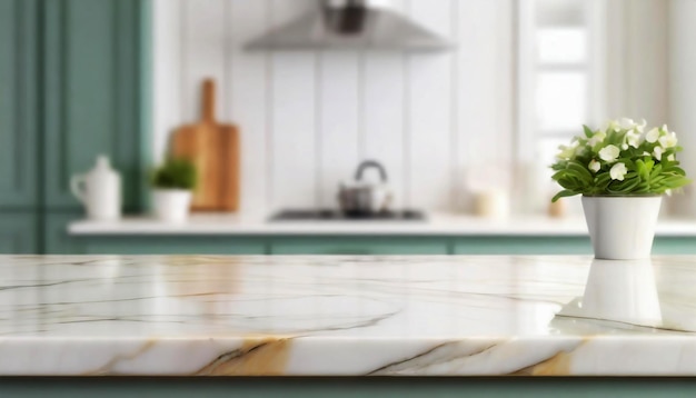 Foto mesa de mármol en la habitación de la cocina con fondo borroso