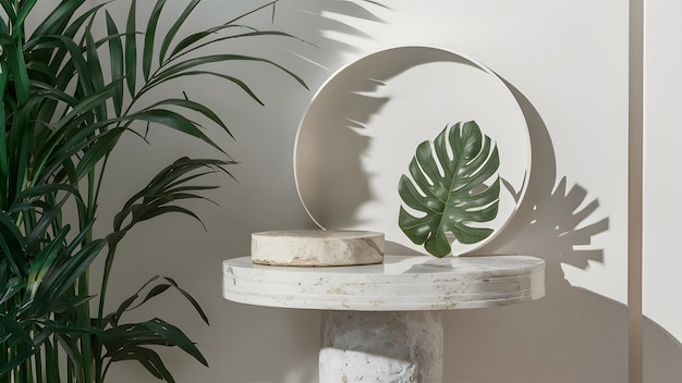 Mesa de mármol de lujo con sombra de planta en pared blanca