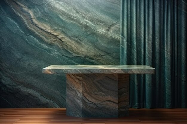 Mesa de mármol minimalista con un fondo de cortina verde exuberante