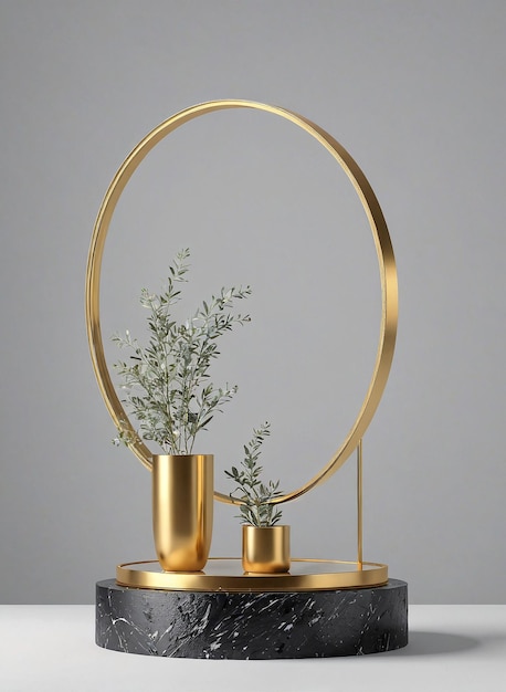 una mesa de mármol negro con una base metálica de oro y una planta en un jarrón metálico de oro