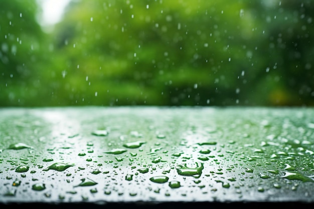 Mesa de mármol de piedra en vidrio de ventana con gotas de lluvia después de la lluvia de verano