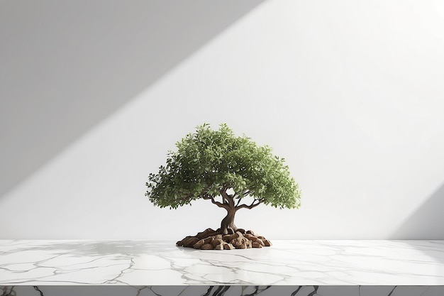 Mesa de mármol con sombra de árbol en fondo blanco de la pared para la exhibición de maquetas de productos