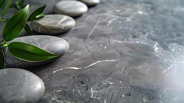 una mesa de mármol tiene unas pocas hojas en ella y algunas otras piedras en ella apiladas piedras ilustración med