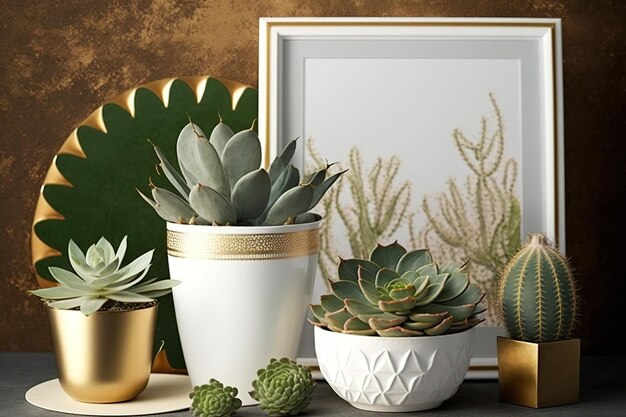 En la mesa marrón hay una composición de primer plano de cactus suculentos y plantas de aire en macetas hipster paredes en blanco Diseño de interiores para un jardín floral moderno amor por la naturaleza