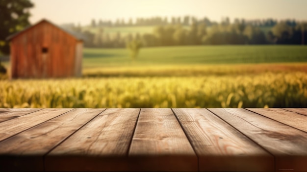 Foto la mesa marrón de madera vacía con un fondo borroso de granja y granero exuberante