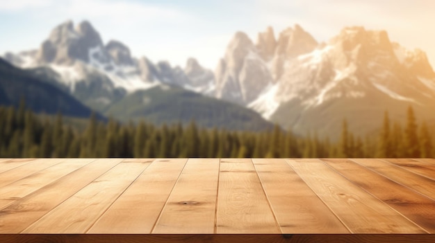 La mesa marrón de madera vacía con un fondo borroso de la montaña dolomita Imagen exuberante