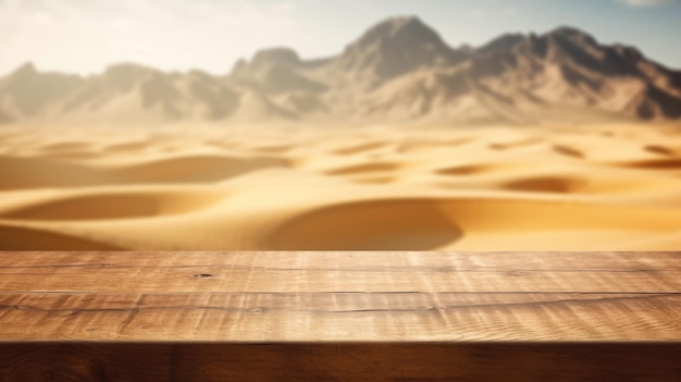 La mesa marrón de madera vacía con un fondo borroso de la montaña de dunas del desierto Exuberante