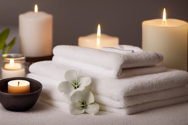 Mesa de masaje de composición de spa relajante natural en el centro de bienestar con toallas, flores de jazmín, sal