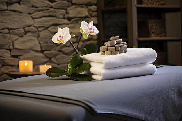 Foto una mesa de masaje en un salón de spa adornado con toallas, flores y piedras.