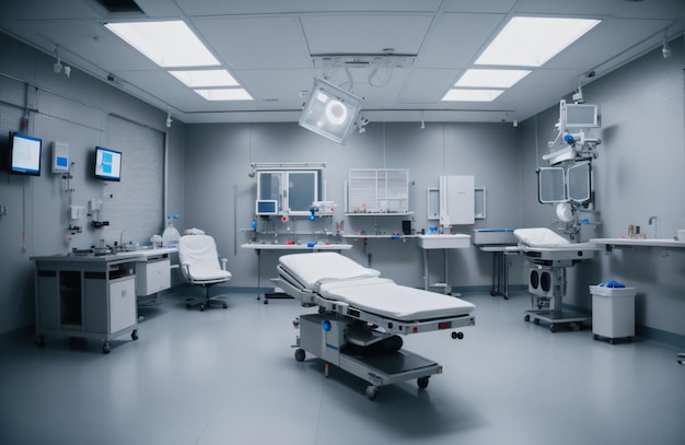 Foto mesa médica e vários equipamentos e ferramentas em uma sala de cirurgia espaçosa em um hospital moderno