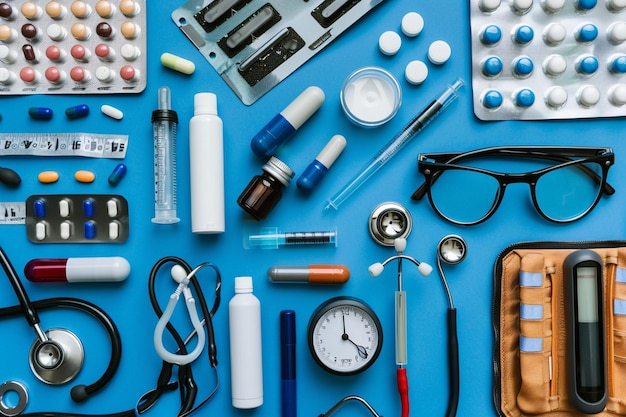 Foto mesa del médico con artículos médicos y medicamentos vista superior