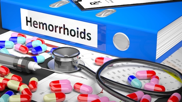 Foto mesa de médico con medicamentos y material médico carpeta azul