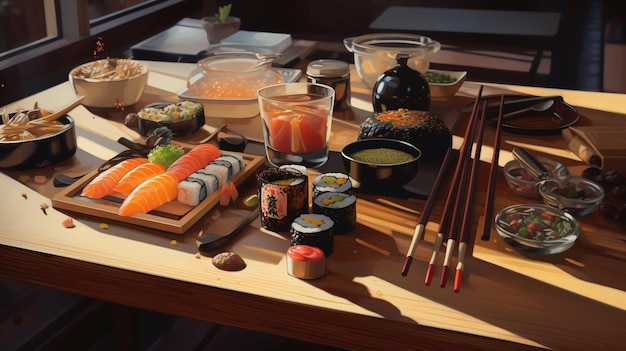 Una mesa con una mesa llena de sushi y otros alimentos.