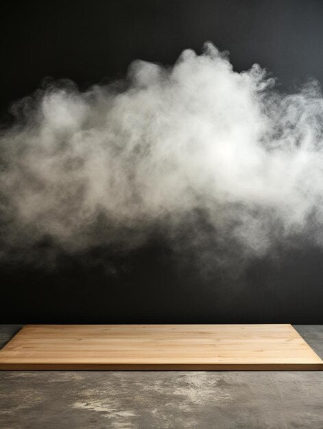 una mesa con una mesa de madera y una nube de humo