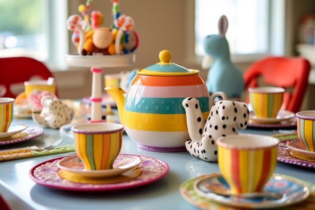 Una mesa con una mesa con un plato, tazas y un pastel encima.