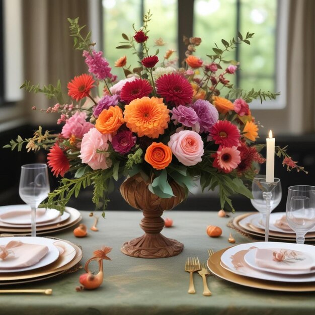 Foto una mesa con una mesa puesta para una cena de acción de gracias