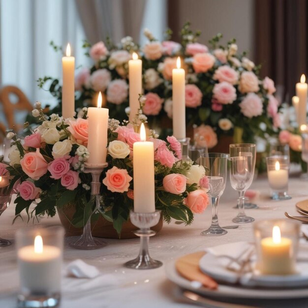 una mesa con una mesa puesta con velas y flores en ella