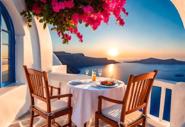 una mesa con una mesa y sillas con vistas al océano y una vista al océano