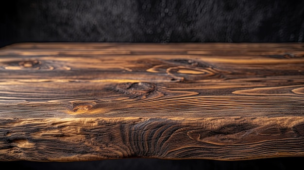 Mesa de mesa vacía de superficie de madera en el concepto de fondo oscuro