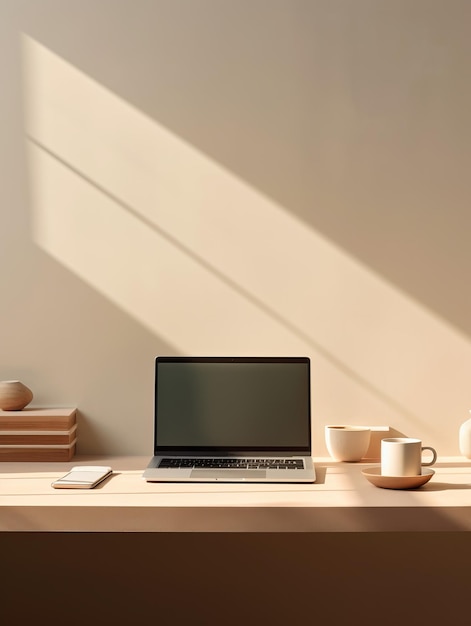 Mesa minimalista com laptop e uma caneca