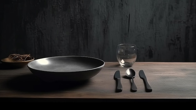 Mesa minimalista em um fundo de concreto com um prato, uma faca e um garfo Generative ai