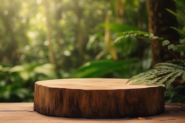 Mesa minimalista de madera con una planta verde de fondo IA generativa