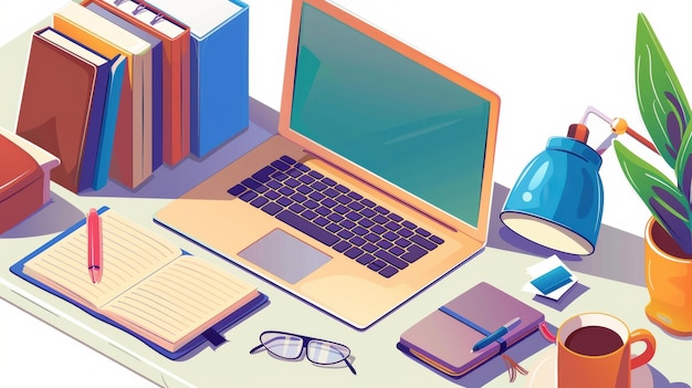 Mesa moderna com portátil aberto e caderno