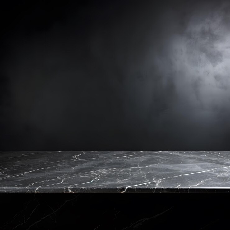 Foto mesa moderna de mármore preto com fundo escuro espaço vazio para exibição de produtos ia geradora