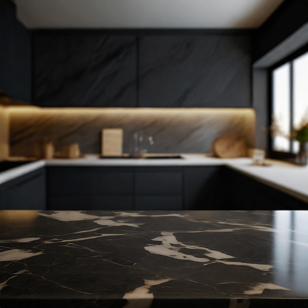 La mesa moderna de mármol oscuro vacío en el fondo borroso de la cocina Ai Generado