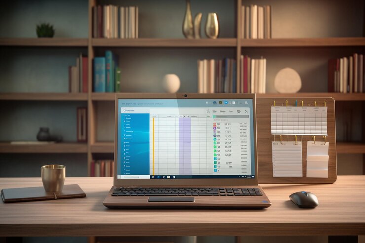 Foto mesa moderna con organizador de cuadernos y monitor de computadora en un escritorio de madera marrón