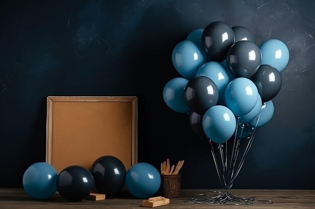 Una mesa con un montón de globos azules y una caja de bombones encima.