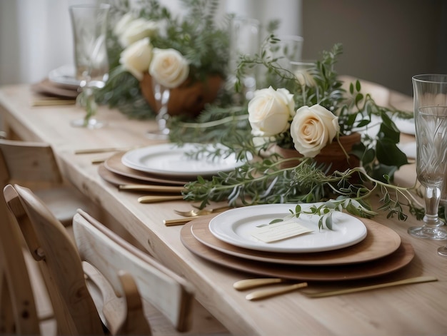 una mesa con un montón de platos y flores y un jarrón con vegetación