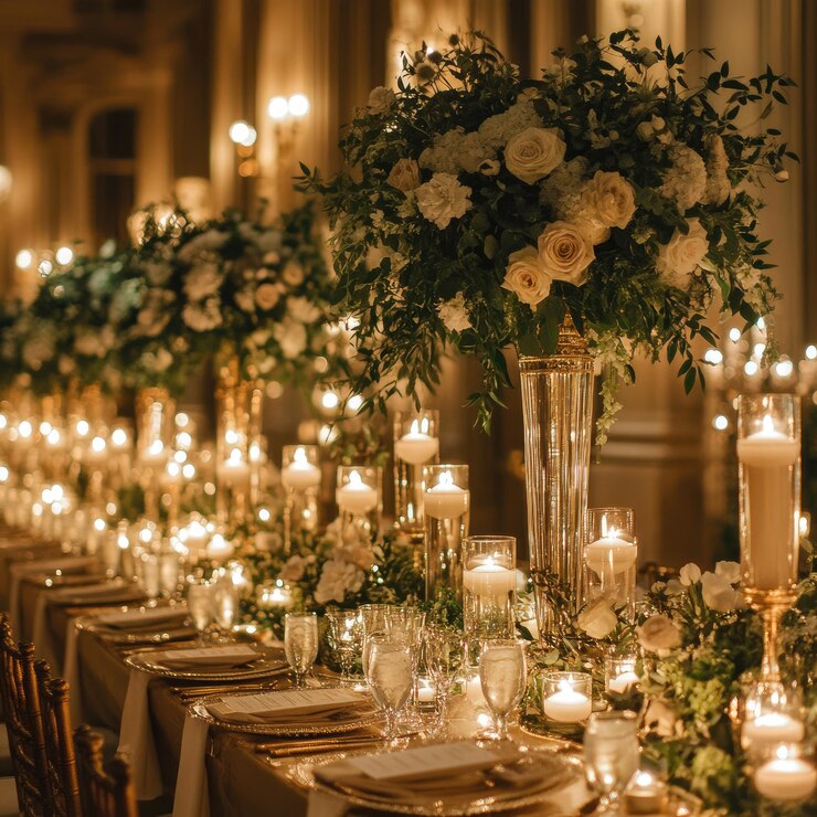 una mesa con un montón de velas y flores en ella