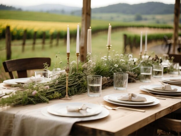 una mesa con un montón de velas y platos encima con un mantel