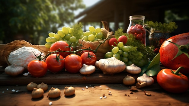 una mesa con un montón de verduras incluyendo tomates cebollas cebollas y una botella de leche