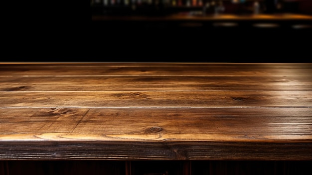 Una mesa de mostrador de madera vacía para exhibir productos en un pub o bar ai generativo