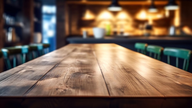 Mesa de mostrador de madera vacía frente a la cafetería o restaurante fondo borroso Foto de alta calidad