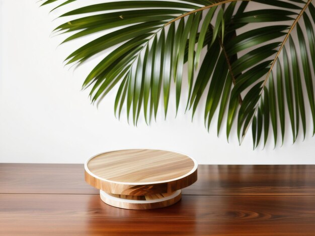 Mesa de mostrador moderna con planta tropical y luz solar Exhibición cosmética orgánica de lujo