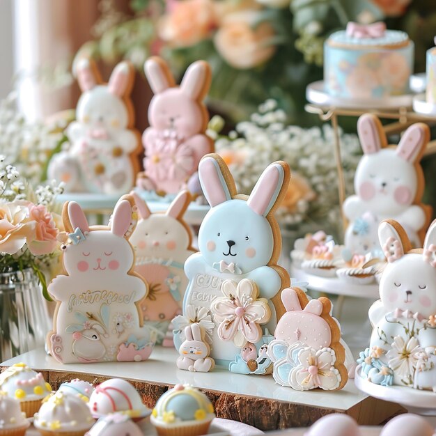 una mesa con muchas galletas en forma de conejo y flores en ella