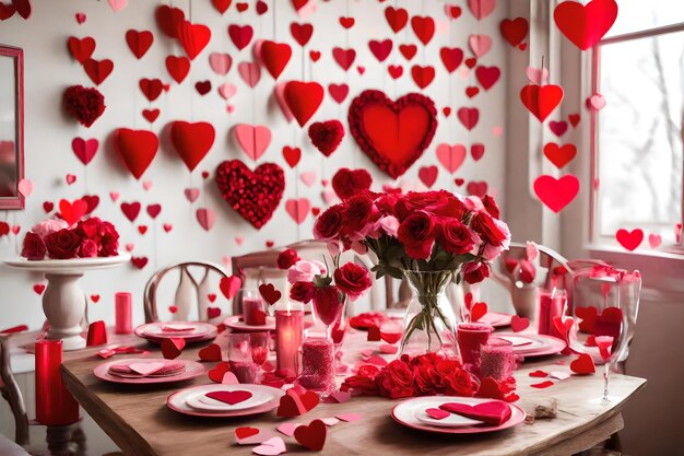 una mesa con muchos corazones y una pared de corazones en ella